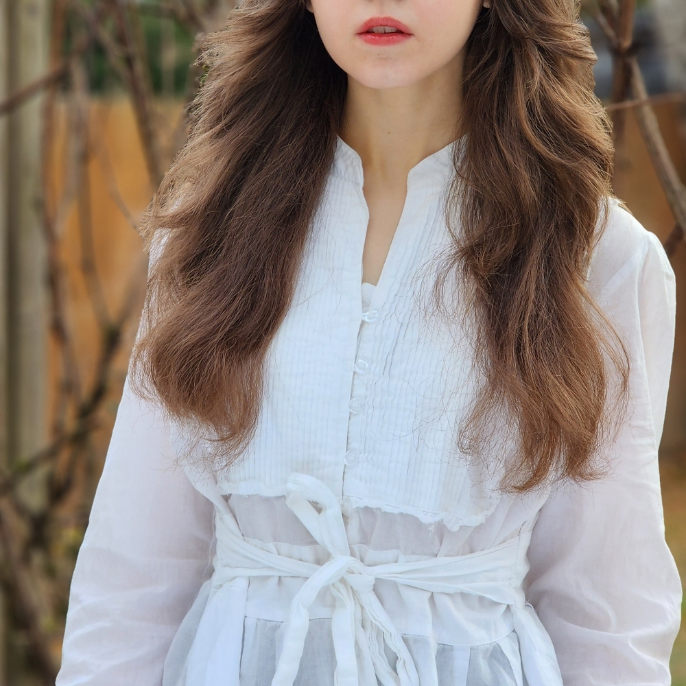 White Pleated Tie Waist Blouse S